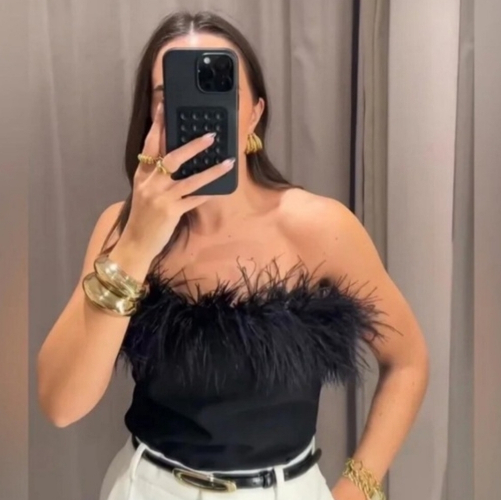 Zara Strapless Feather Top Corset Black Size XS